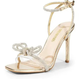 Women Gold Bowknots Crystal Sandals Clear Slingback Heels Square Toe for Wedding