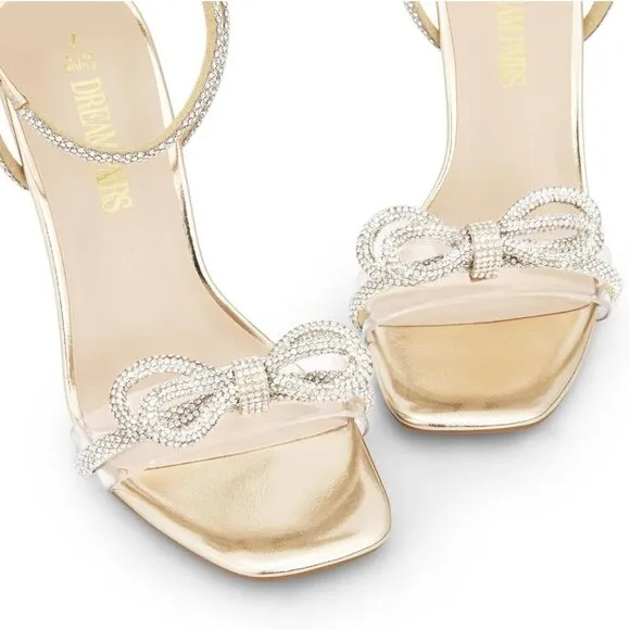 Women Gold Bowknots Crystal Sandals Clear Slingback Heels Square Toe for Wedding