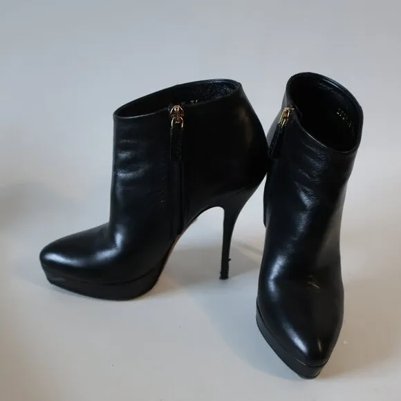 Women Gucci Black Nappa Steve Leather Stiletto Heel Platform Booties 36 US/6