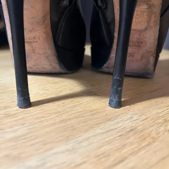 Women Gucci Black Nappa Steve Leather Stiletto Heel Platform Booties 36 US/6