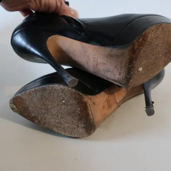 Women Gucci Black Nappa Steve Leather Stiletto Heel Platform Booties 36 US/6