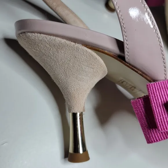 Women Pink Leather Bow Ruffle Slingback Pump Stiletto Kitten Spool Heels