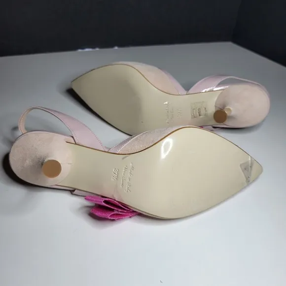 Women Pink Leather Bow Ruffle Slingback Pump Stiletto Kitten Spool Heels