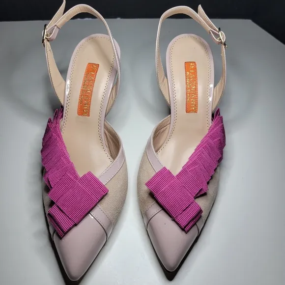 Women Pink Leather Bow Ruffle Slingback Pump Stiletto Kitten Spool Heels