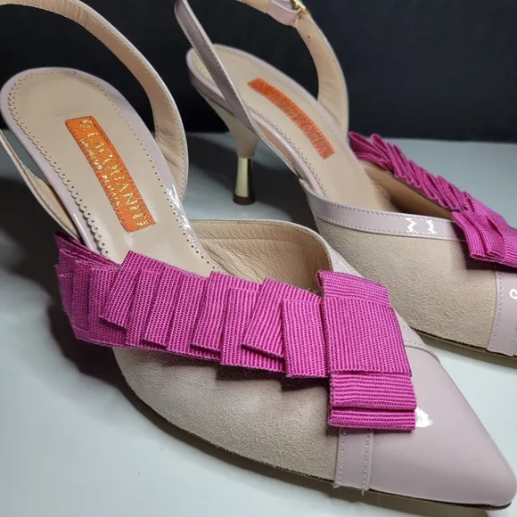Women Pink Leather Bow Ruffle Slingback Pump Stiletto Kitten Spool Heels