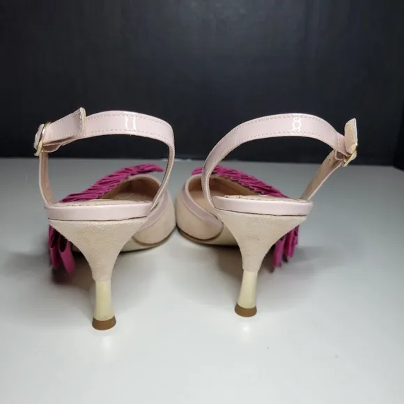 Women Pink Leather Bow Ruffle Slingback Pump Stiletto Kitten Spool Heels