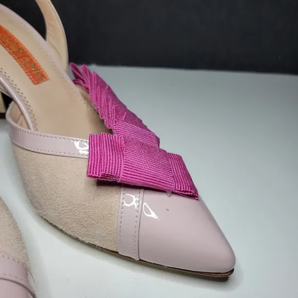 Women Pink Leather Bow Ruffle Slingback Pump Stiletto Kitten Spool Heels