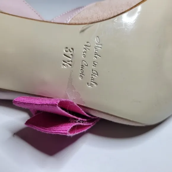 Women Pink Leather Bow Ruffle Slingback Pump Stiletto Kitten Spool Heels