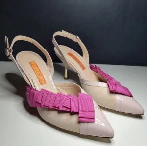 Women Pink Leather Bow Ruffle Slingback Pump Stiletto Kitten Spool Heels