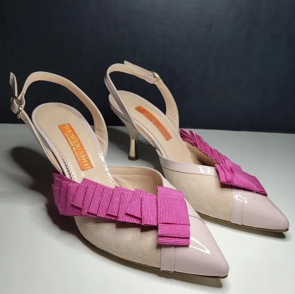 Women Pink Leather Bow Ruffle Slingback Pump Stiletto Kitten Spool Heels