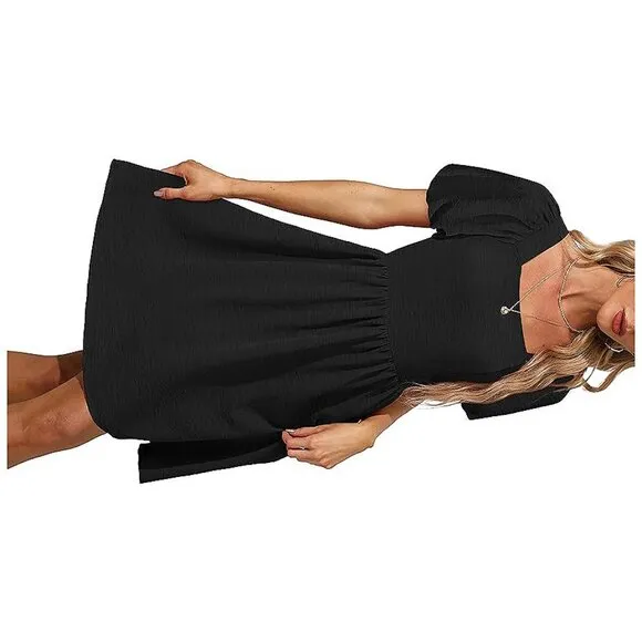 Women Puff Sleeve Square Neck Tie in Back Dresses with Zipper A Black