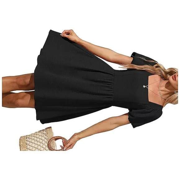 Women Puff Sleeve Square Neck Tie in Back Dresses with Zipper A Black