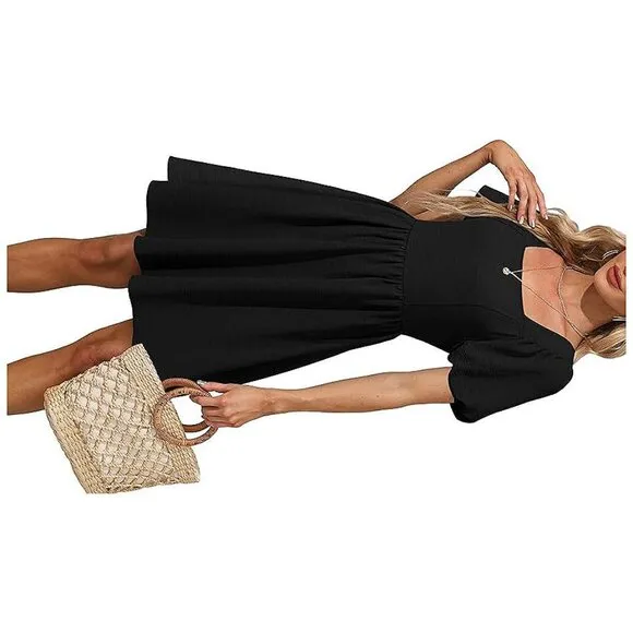 Women Puff Sleeve Square Neck Tie in Back Dresses with Zipper A Black