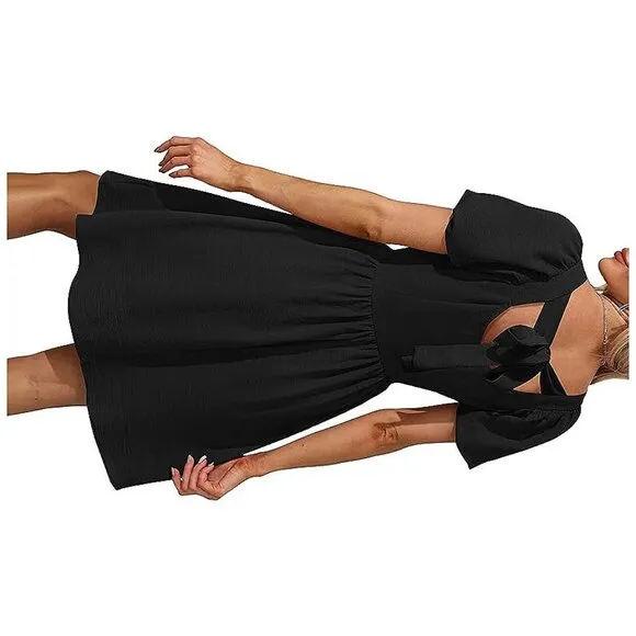 Women Puff Sleeve Square Neck Tie in Back Dresses with Zipper A Black