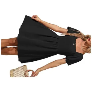 Women Puff Sleeve Square Neck Tie in Back Dresses with Zipper A Black