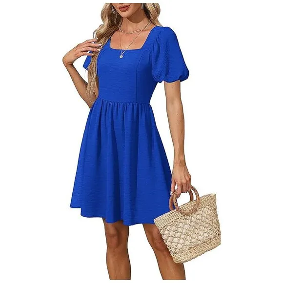 Women Puff Sleeve Square Neck Tie in Back Dresses with Zipper Blue