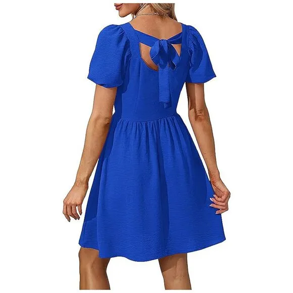 Women Puff Sleeve Square Neck Tie in Back Dresses with Zipper Blue