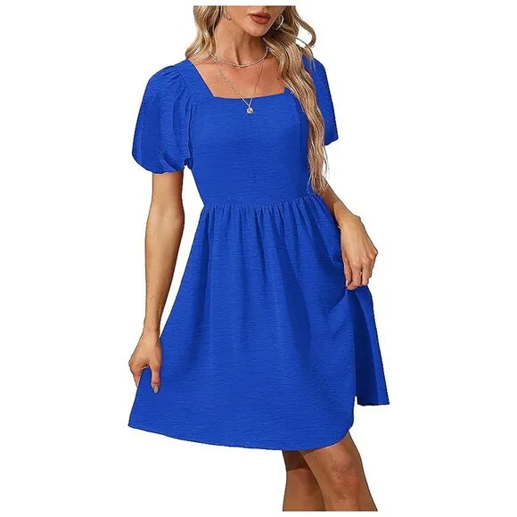 Women Puff Sleeve Square Neck Tie in Back Dresses with Zipper Blue