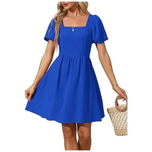 Women Puff Sleeve Square Neck Tie in Back Dresses with Zipper Blue