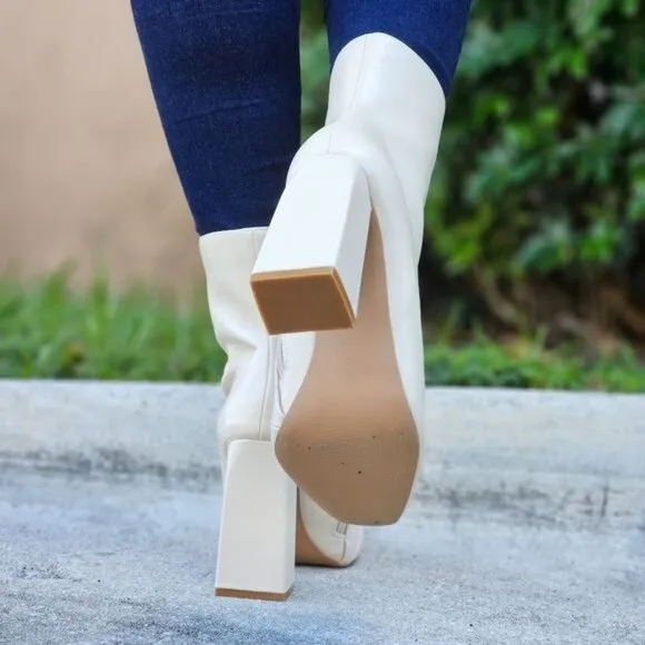 Women Square Toe Chain Bit Buckle Block Heel Bootie White Color