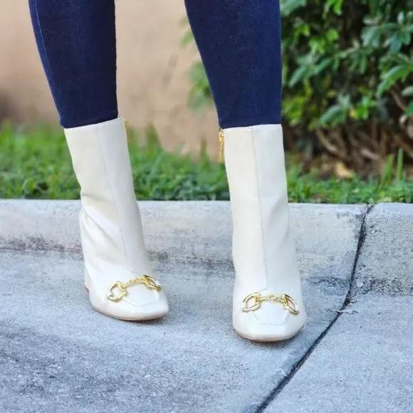 Women Square Toe Chain Bit Buckle Block Heel Bootie White Color