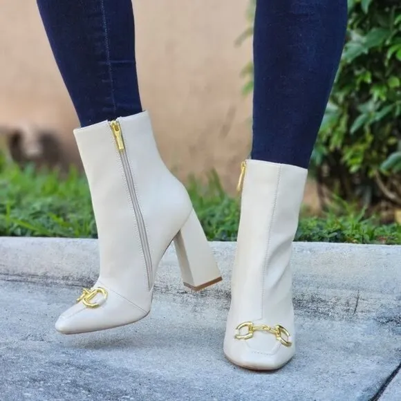 Women Square Toe Chain Bit Buckle Block Heel Bootie White Color