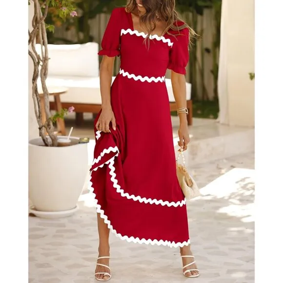 Women's 2024 Summer Square Neck Short Puff Sleeve Dress Maxi Dresses