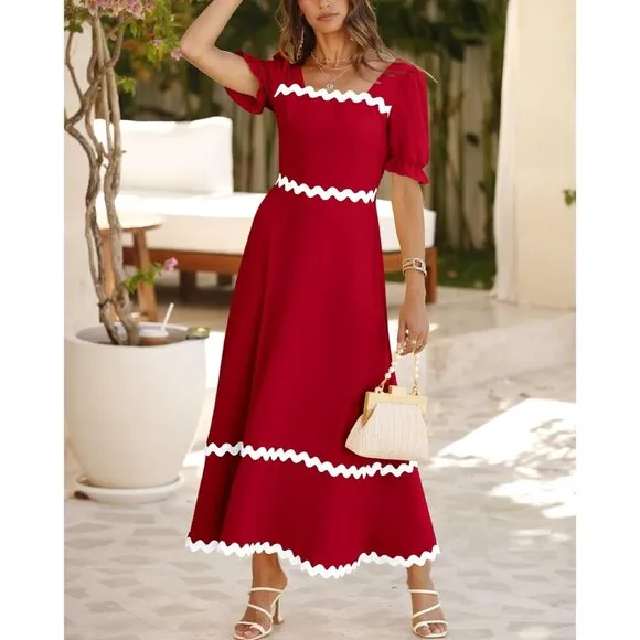Women's 2024 Summer Square Neck Short Puff Sleeve Dress Maxi Dresses