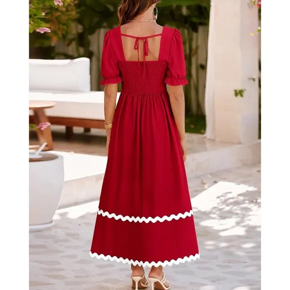 Women's 2024 Summer Square Neck Short Puff Sleeve Dress Maxi Dresses