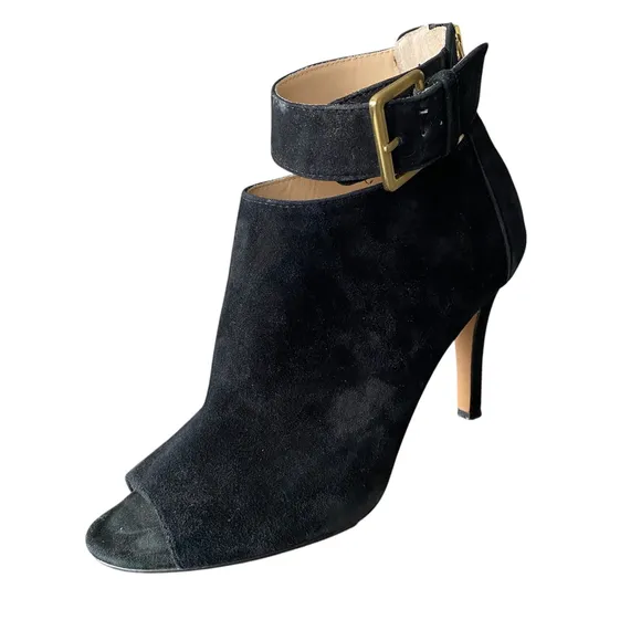 Women's Adrienne Vittadini Black Fine Suede Peep-Toe Heels Booties Shooties 8M
