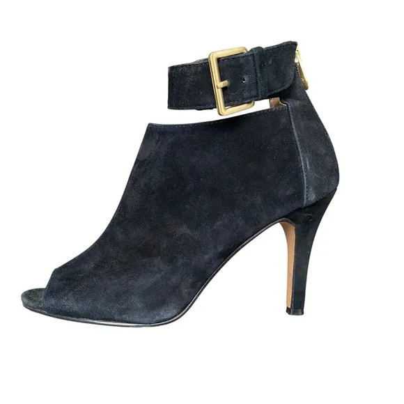 Women's Adrienne Vittadini Black Fine Suede Peep-Toe Heels Booties Shooties 8M