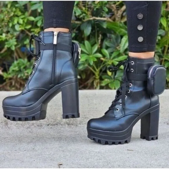 Women's Black Block Heel Lace Up Botties