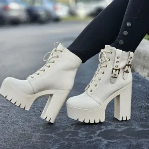 Women's Block Heel Lace Up Botties White Color