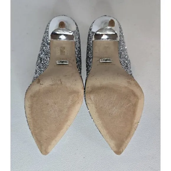 Womens Buffalo London Heels Glitter Silver Leather Lining Shoes SZ EU 38D/US 7.5