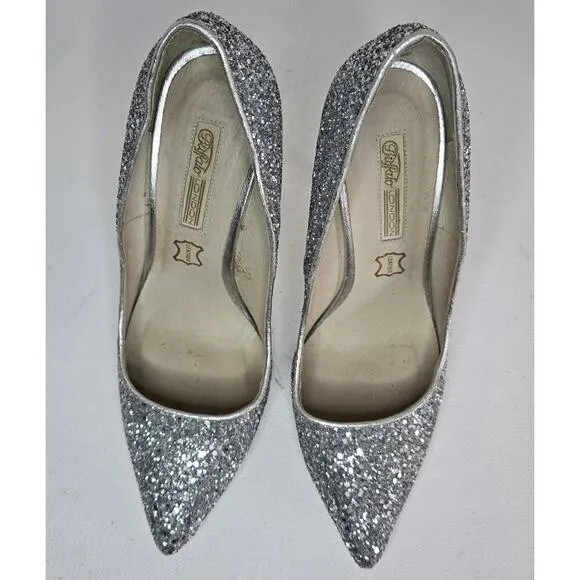 Womens Buffalo London Heels Glitter Silver Leather Lining Shoes SZ EU 38D/US 7.5