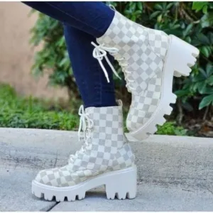 Womens Checkered Lace Up Block Heel Boots