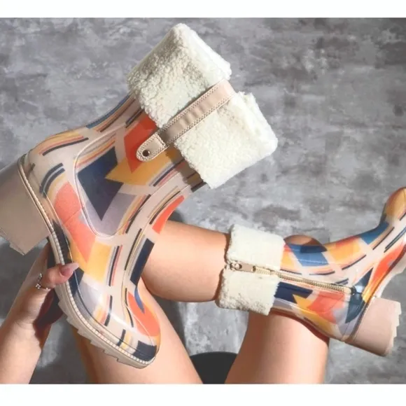 Womens Chunky Block Heel Ankle Boots Print Color
