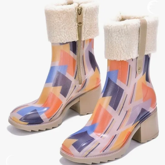 Womens Chunky Block Heel Ankle Boots Print Color