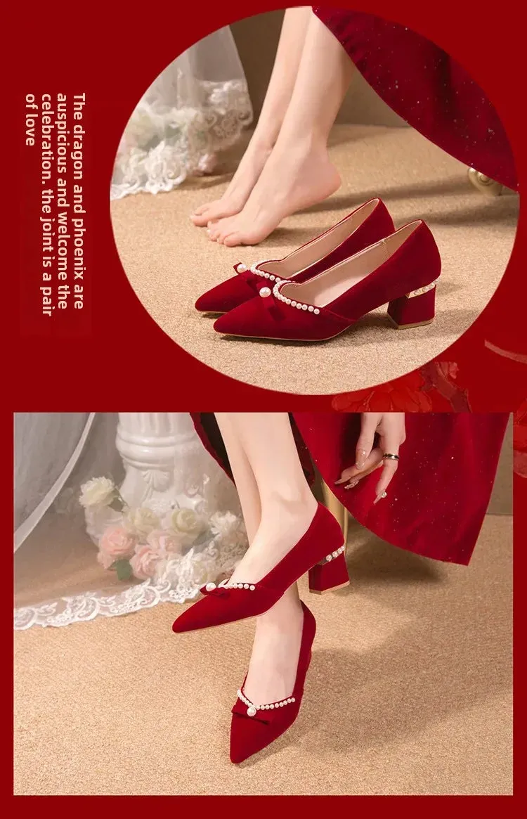 Women's Chunky Heel Pointed Toe Slip-On Shoes Wedding Dress Two-Way Wear Pearl Red Bridal Shoes Spring Autumn New Style