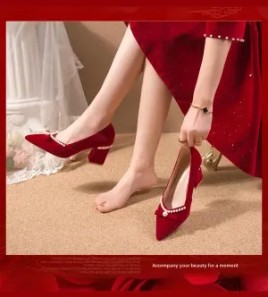 Women's Chunky Heel Pointed Toe Slip-On Shoes Wedding Dress Two-Way Wear Pearl Red Bridal Shoes Spring Autumn New Style