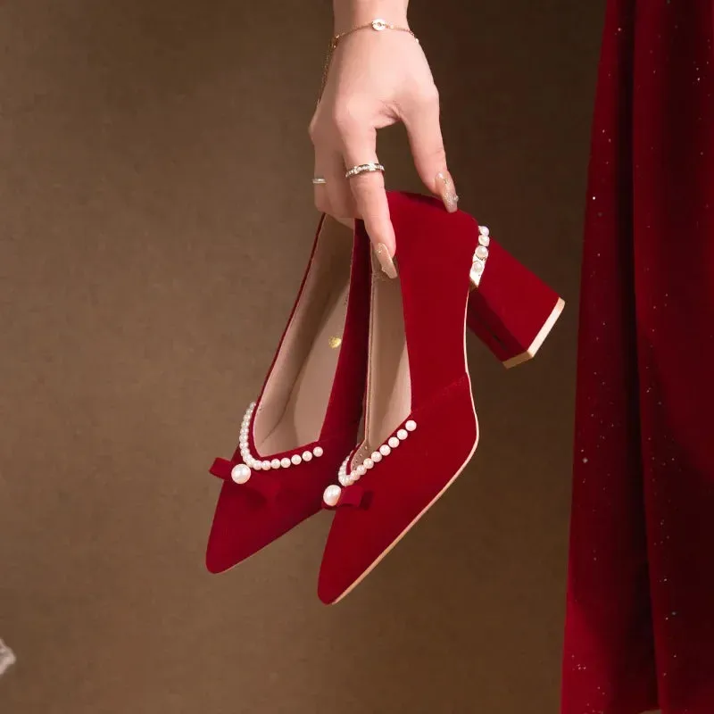 Women's Chunky Heel Pointed Toe Slip-On Shoes Wedding Dress Two-Way Wear Pearl Red Bridal Shoes Spring Autumn New Style