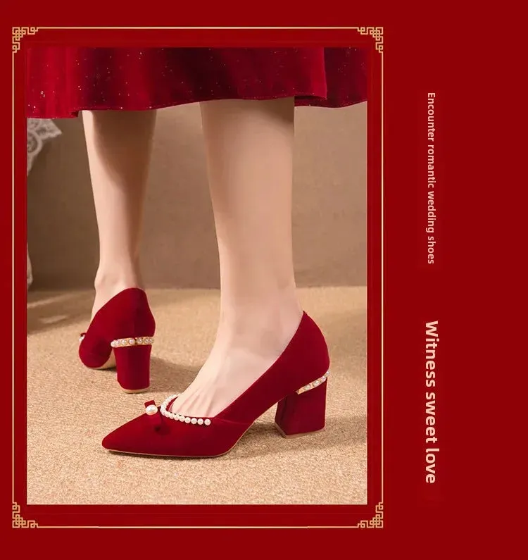 Women's Chunky Heel Pointed Toe Slip-On Shoes Wedding Dress Two-Way Wear Pearl Red Bridal Shoes Spring Autumn New Style