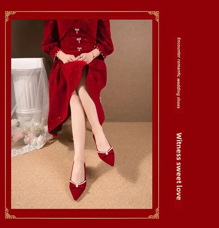 Women's Chunky Heel Pointed Toe Slip-On Shoes Wedding Dress Two-Way Wear Pearl Red Bridal Shoes Spring Autumn New Style