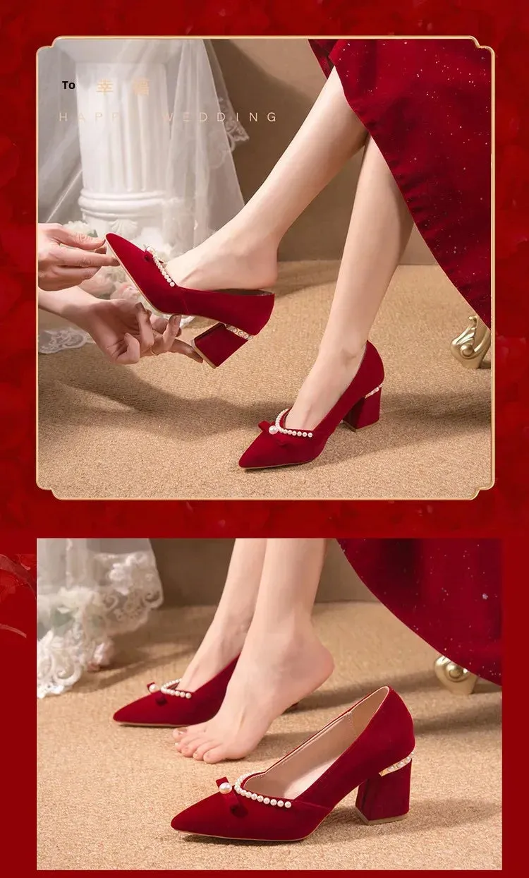 Women's Chunky Heel Pointed Toe Slip-On Shoes Wedding Dress Two-Way Wear Pearl Red Bridal Shoes Spring Autumn New Style