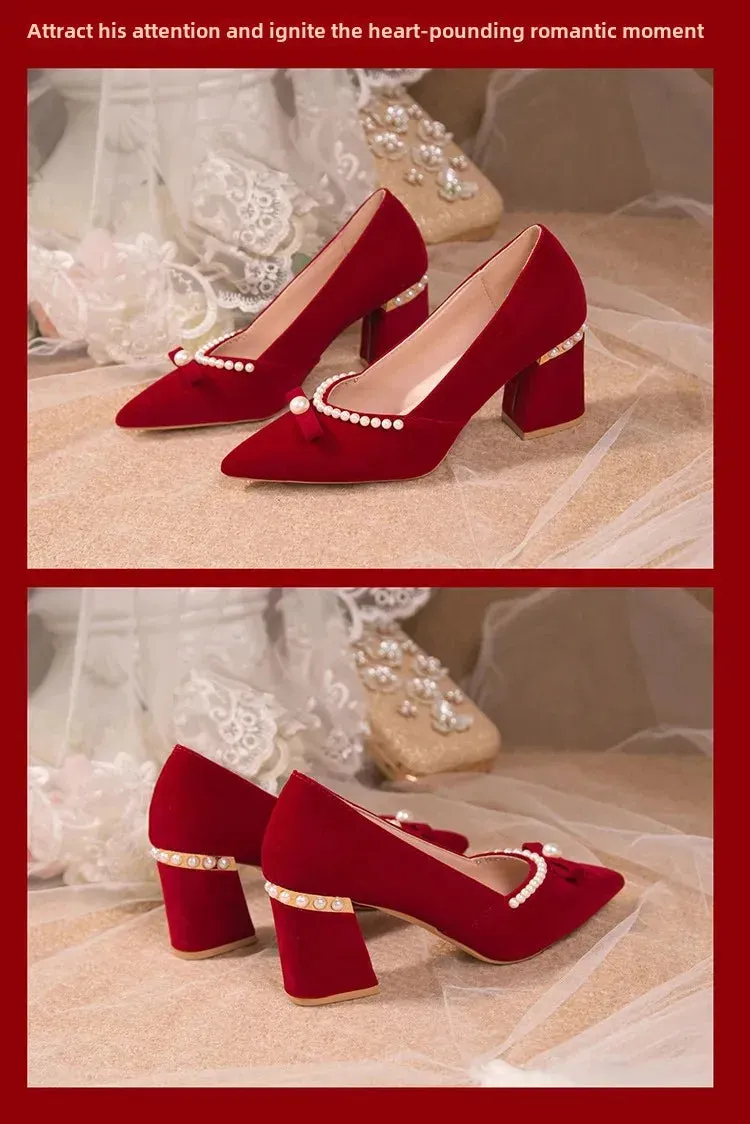 Women's Chunky Heel Pointed Toe Slip-On Shoes Wedding Dress Two-Way Wear Pearl Red Bridal Shoes Spring Autumn New Style