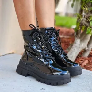 Women's Combat Lace Up‎ Ankle Block Heeled Boots Black Color