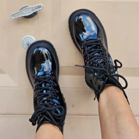 Women's Combat Lace Up‎ Ankle Block Heeled Boots Black Color