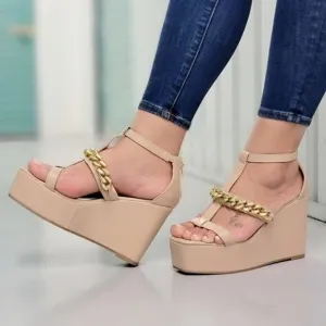 Women's Gold Chain High Wedge Platform Nude Color