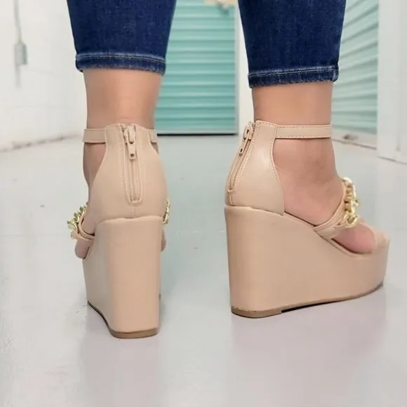 Women's Gold Chain High Wedge Platform Nude Color