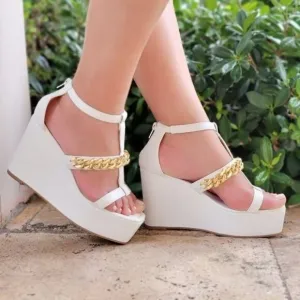 Women's Gold Chain High Wedge Platform White Color
